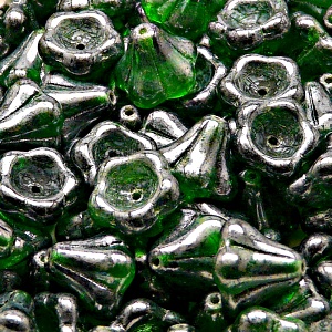 10pcs Czech Pressed Glass Bell Flowers Beads 11x13mm Chrysolite White Luster