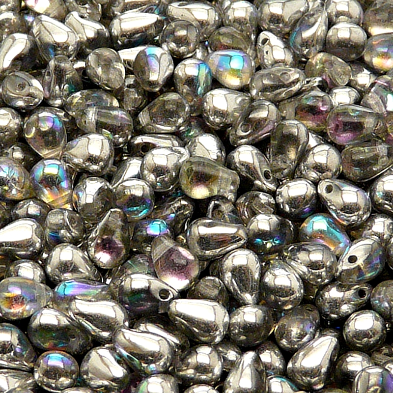 50pcs Czech Pressed Glass Teardrop Beads 4x6mm Crystal Silver Rainbow
