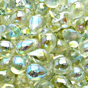 10pcs Czech Pressed Glass Teardrop Beads 10x14mm Crystal Green Rainbow