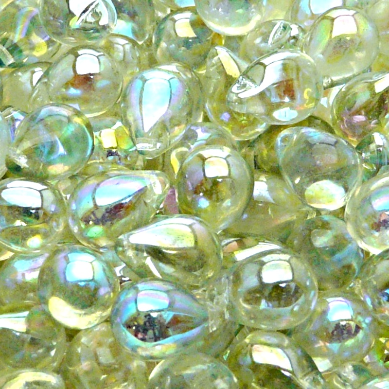 10pcs Czech Pressed Glass Teardrop Beads 10x14mm Crystal Green Rainbow