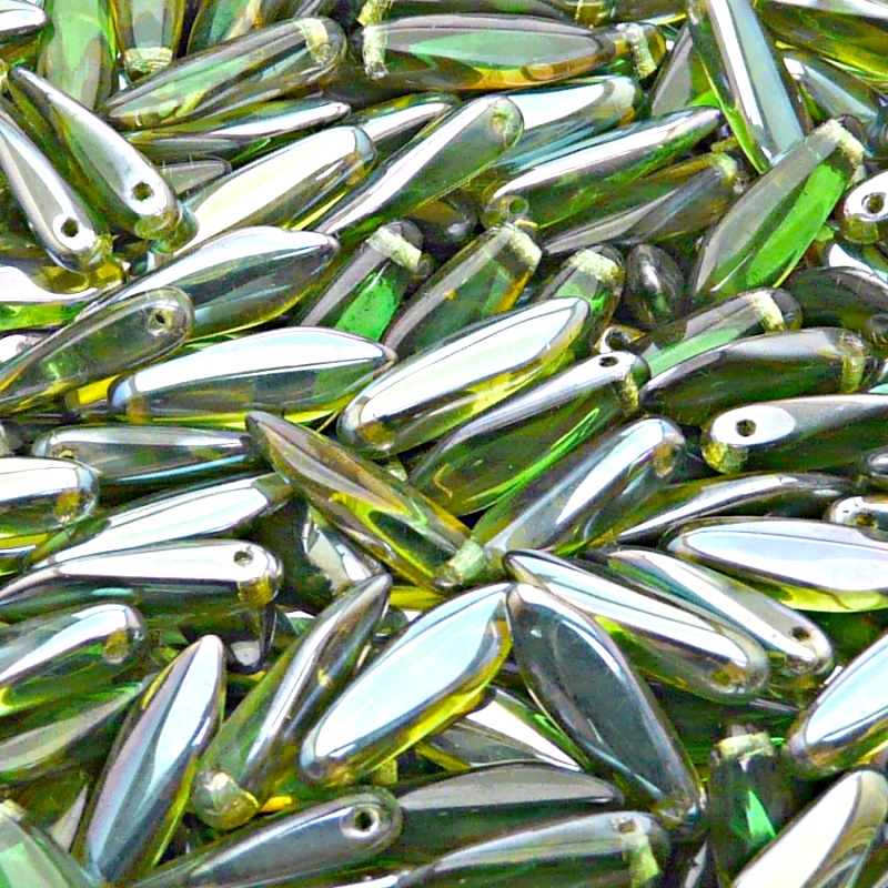 30pcs Czech Pressed Glass Dagger Beads 5x16mm Light Chrysolite Azuro