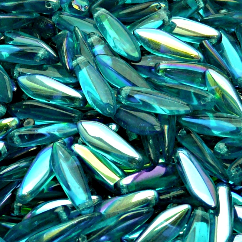 30pcs Czech Pressed Glass Dagger Beads 5x16mm Green Aquamarine AB