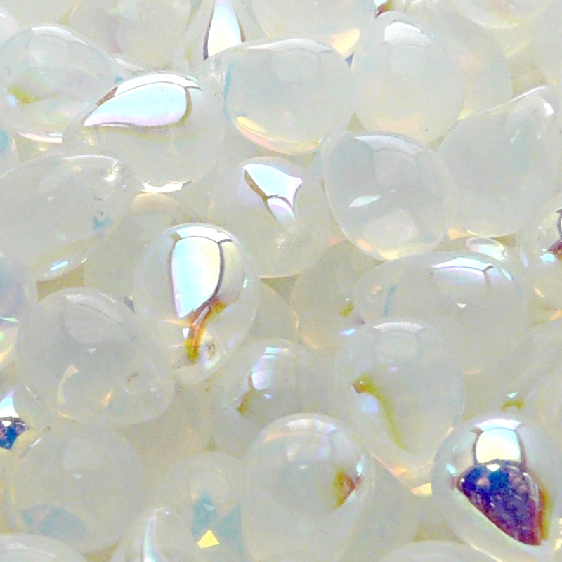 10pcs Czech Pressed Glass Teardrop Beads 10x14mm White Opal AB