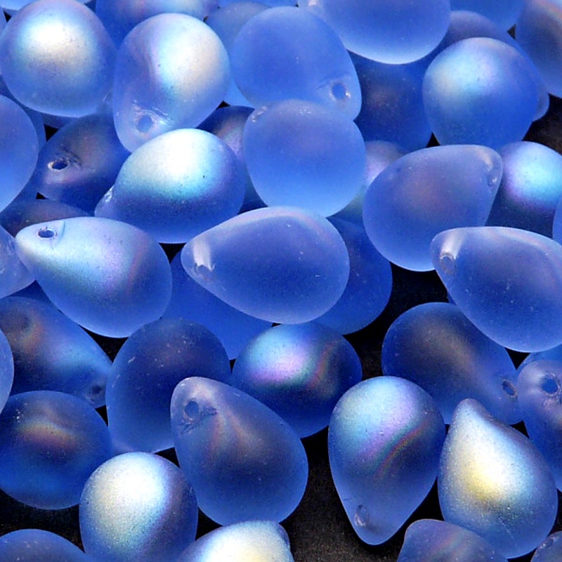 10pcs Czech Pressed Glass Teardrop Beads 10x14mm Sapphire AB Matte