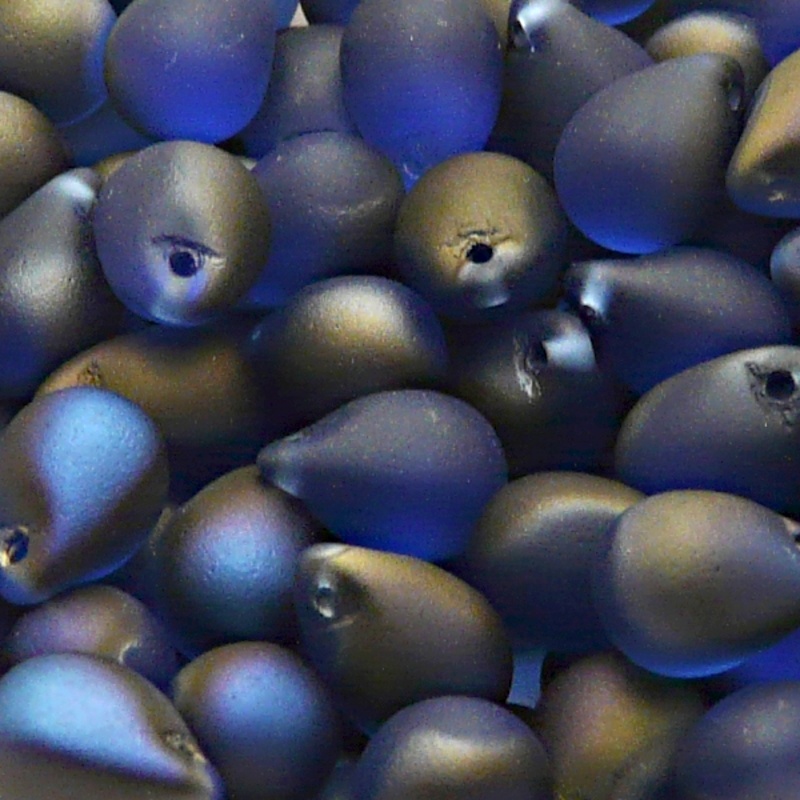 10pcs Czech Pressed Glass Teardrop Beads 10x14mm Sapphire Azuro Matte