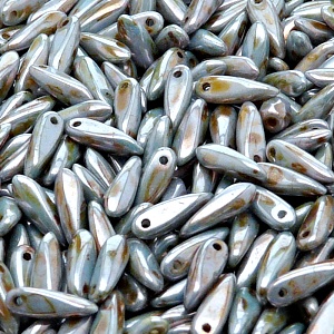 50pcs Czech Pressed Glass Dagger Beads 3x11mm Opaque Chalk White Blue Brown Marble Luster