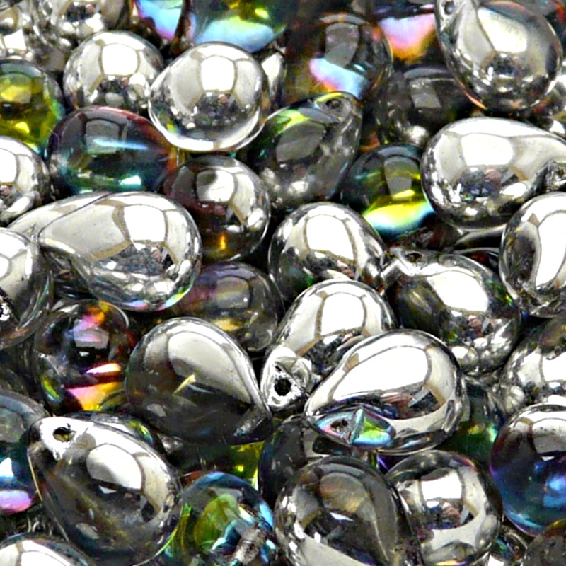 10pcs Czech Pressed Glass Teardrop Beads 10x14mm Crystal Marea Green (Sfinx)