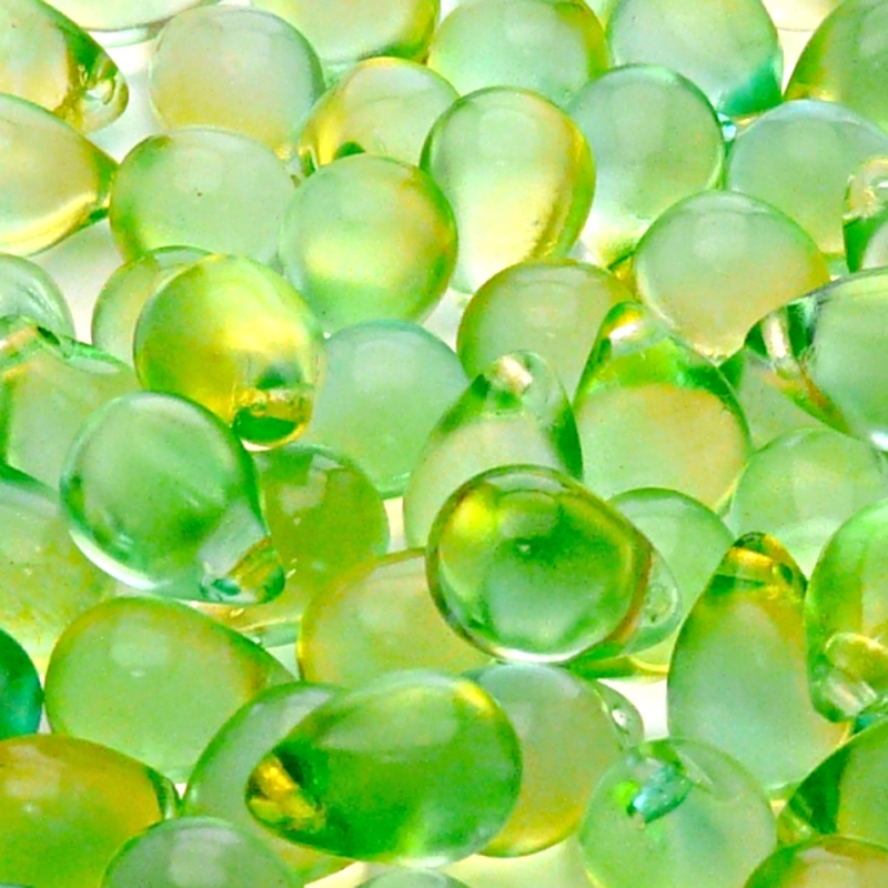 10pcs Czech Pressed Glass Teardrop Beads 10x14mm Crystal Green Yellow Two Tone Color Luster Coating