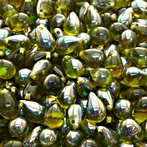 30pcs Czech Pressed Glass Teardrop Beads 6x9mm Olivine Celsian