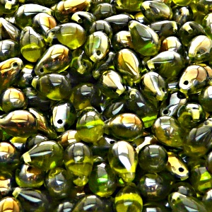30pcs Czech Pressed Glass Teardrop Beads 6x9mm Olivine Valentinit