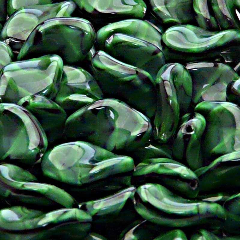 10pcs Czech Pressed Glass Ripple Twisted Flat Oval Beads 19x13mm Emerald Jet Striped Moonlight (26507)