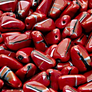 10pcs Czech Pressed Glass Rectangular Beveled Beads 14x9mm Red Coral Jet Striped Moonlight (26907)