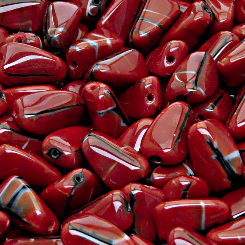 10pcs Czech Pressed Glass Rectangular Beveled Beads 14x9mm Red Coral Jet Striped Moonlight (26907)
