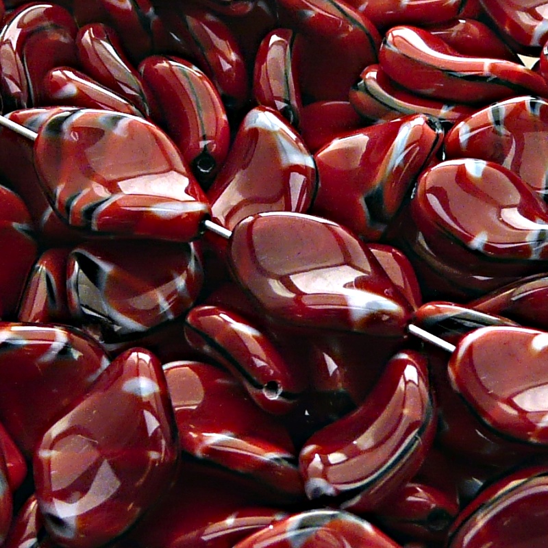 10pcs Czech Pressed Glass Ripple Twisted Flat Oval Beads 19x13mm Red Coral Jet Striped Moonlight (26907)