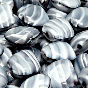 6pcs Czech Pressed Glass Rectangular Kidney Nugget Beads 13x15mm Aqua Gray Jet Striped Moonlight (26067)