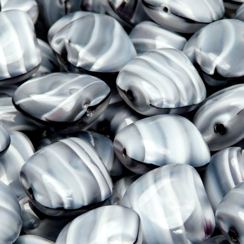 6pcs Czech Pressed Glass Rectangular Kidney Nugget Beads 13x15mm Aqua Gray Jet Striped Moonlight (26067)