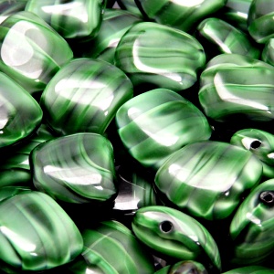 6pcs Czech Pressed Glass Rectangular Kidney Nugget Beads 13x15mm Emerald Jet Striped Moonlight (26507)