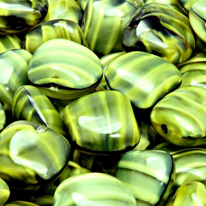 6pcs Czech Pressed Glass Rectangular Kidney Nugget Beads 13x15mm Olivine Jet Striped Moonlight (26807)