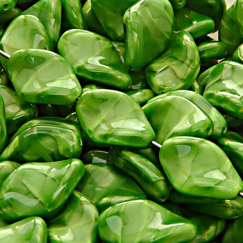 10pcs Czech Pressed Glass Ripple Twisted Flat Oval Beads 19x13mm Green Striped Moonlight (56027)
