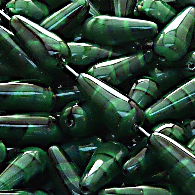 8pcs Czech Pressed Glass Drop Beads 20x9mm Emerald Jet Striped Moonlight (26507)