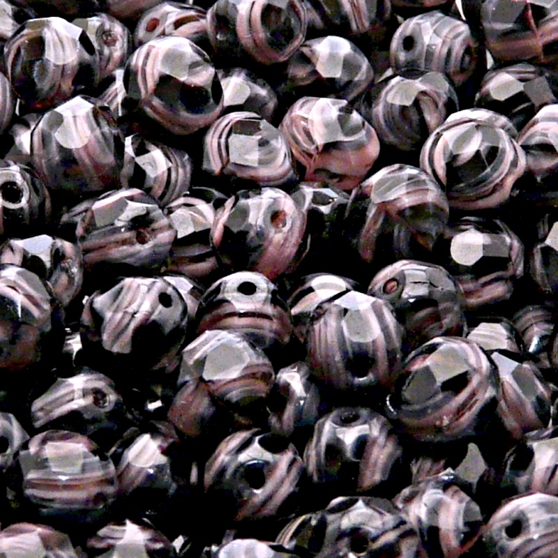 25pcs Czech Fire Polished Faceted Glass Beads Round 8mm Pink Jet Striped Moonlight (26707)