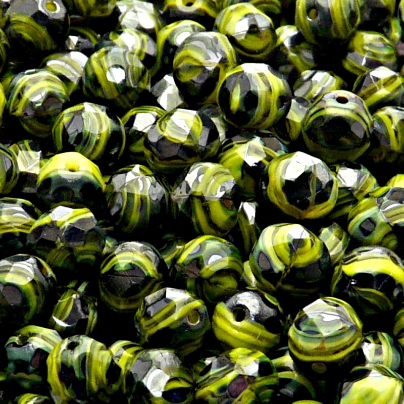 25pcs Czech Fire Polished Faceted Glass Beads Round 8mm Olivine Jet Striped Moonlight (26807)