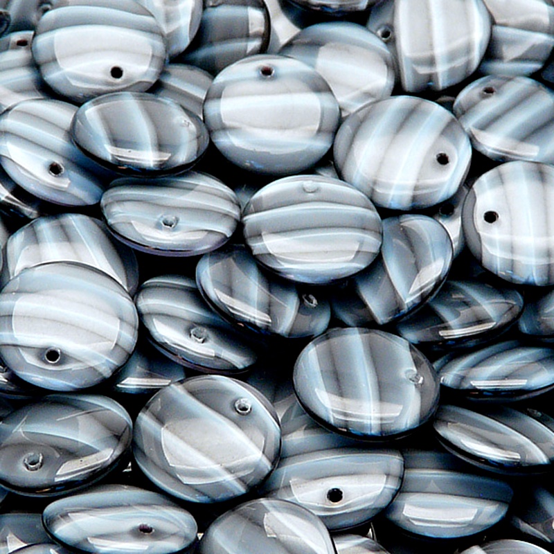 20pcs Czech Pressed Glass Lentil Beads 12mm Aqua Jet Striped Moonlight (26607)