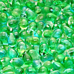 30pcs Czech Pressed Glass Teardrop Beads 6x9mm Crystal Green Yellow Two Tone Color Luster Coating