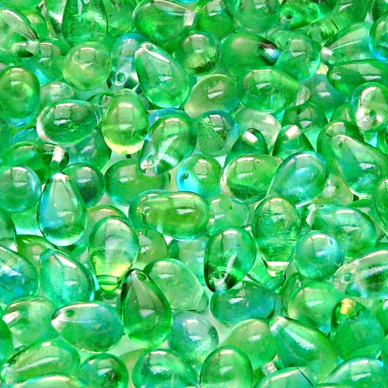 30pcs Czech Pressed Glass Teardrop Beads 6x9mm Crystal Green Yellow Two Tone Color Luster Coating