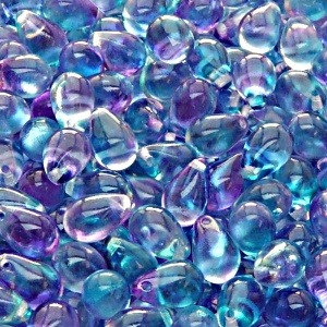 30pcs Czech Pressed Glass Teardrop Beads 6x9mm Crystal Violet Cyan Two Tone Color Luster Coating