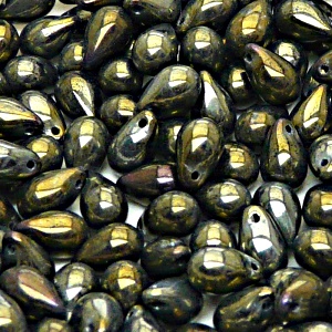 30pcs Czech Pressed Glass Teardrop Beads 6x9mm Jet Brown Iris