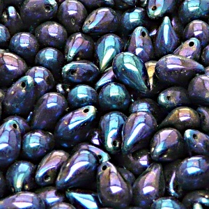 30pcs Czech Pressed Glass Teardrop Beads 6x9mm Jet Blue Iris