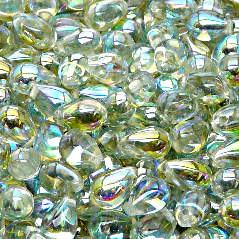 30pcs Czech Pressed Glass Teardrop Beads 6x9mm Crystal Green Rainbow