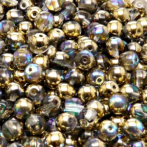 50pcs Czech Pressed Glass Round Beads 6mm Crystal Golden Rainbow