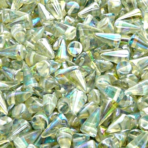 50pcs Czech Pressed Glass Spike Beads 5x8mm Crystal Green Rainbow