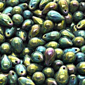30pcs Czech Pressed Glass Teardrop Beads 6x9mm Jet Green Iris