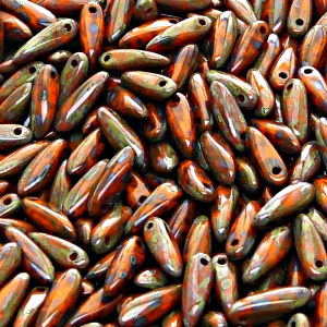50pcs Czech Pressed Glass Dagger Beads 3x11mm Opaque Orange Travertin
