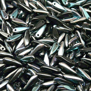 50pcs Czech Pressed Glass Dagger Beads 3x11mm Jet Celsian