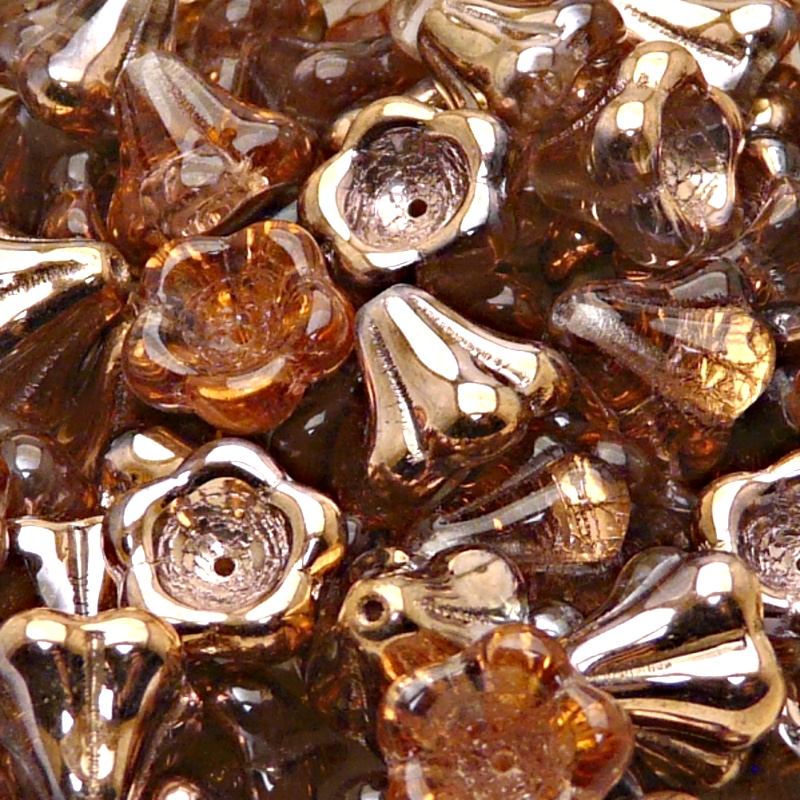 10pcs Czech Pressed Glass Bell Flowers Beads 11x13mm Rosaline Gold Capri
