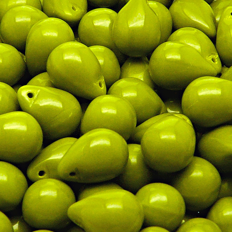 10pcs Czech Pressed Glass Teardrop Beads 10x14mm Opaque Olivine