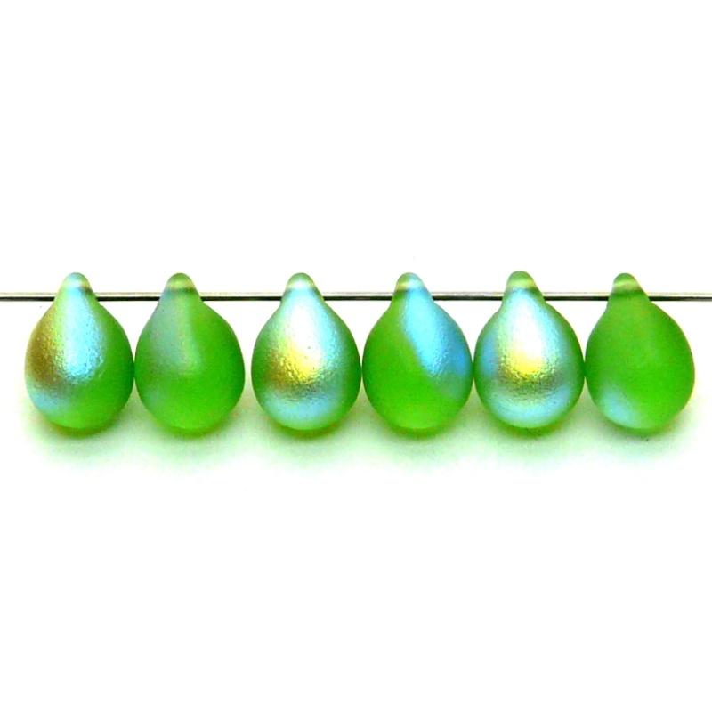 10pcs Czech Pressed Glass Teardrop Beads 10x14mm Light Chrysolite AB Matte