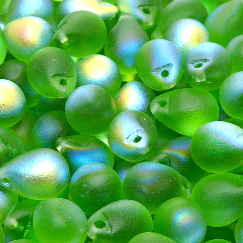 10pcs Czech Pressed Glass Teardrop Beads 10x14mm Light Chrysolite AB Matte