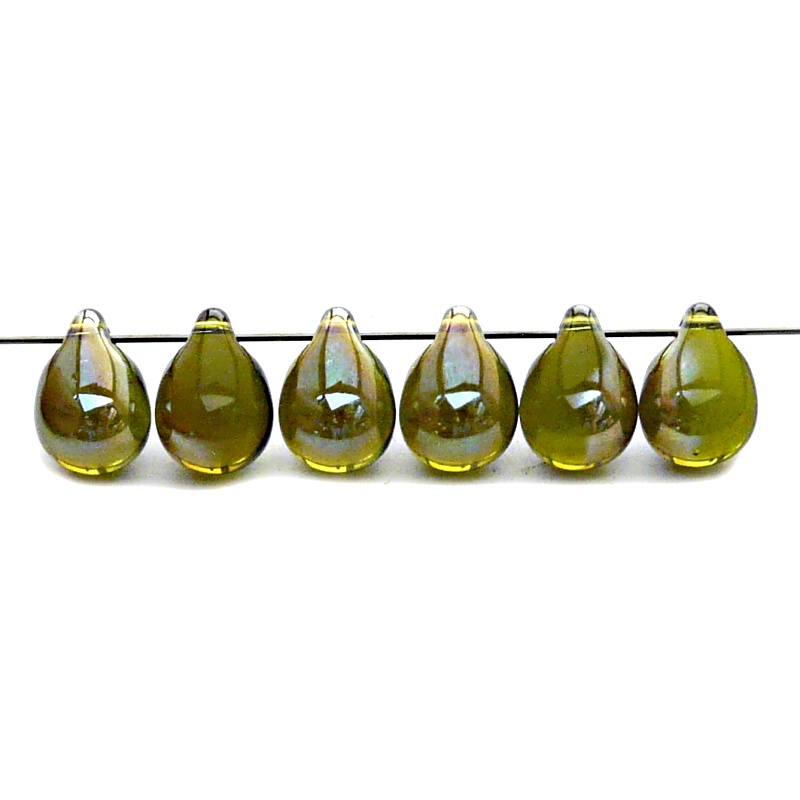 10pcs Czech Pressed Glass Teardrop Beads 10x14mm Olivine Celsian