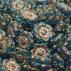 8pcs Czech Pressed Glass Flat Flower Beads 14mm Aquamarine Bronze Fired Color