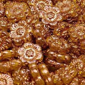 8pcs Czech Pressed Glass Flat Flower Beads 14mm Amber Bronze Fired Color