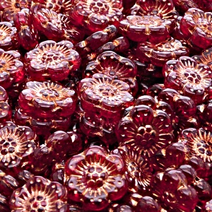 8pcs Czech Pressed Glass Flat Flower Beads 14mm Ruby Bronze Fired Color