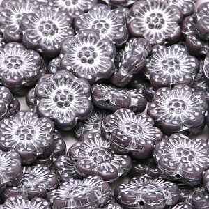 8pcs Czech Pressed Glass Flat Flower Beads 14mm Opaque Amethyst Silver Fired Color