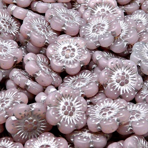 8pcs Czech Pressed Glass Flat Flower Beads 14mm Pink Alabaster Silver Fired Color