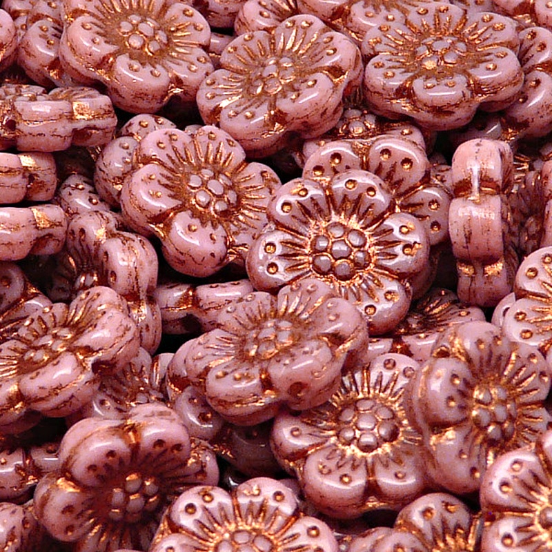 8pcs Czech Pressed Glass Flat Flower Beads 14mm Opaque Pink Bronze Fired Color