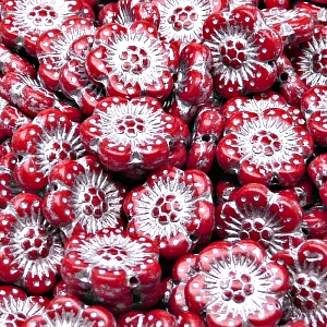 8pcs Czech Pressed Glass Flat Flower Beads 14mm Opaque Red Coral Silver Fired Color